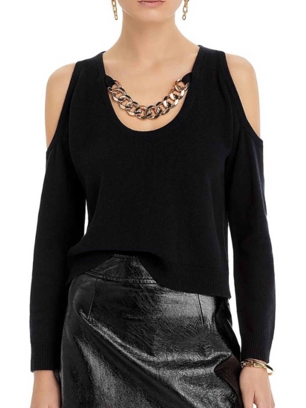L'AGENCE Black Cold-Shoulder Sweater Tank with Gold Chain